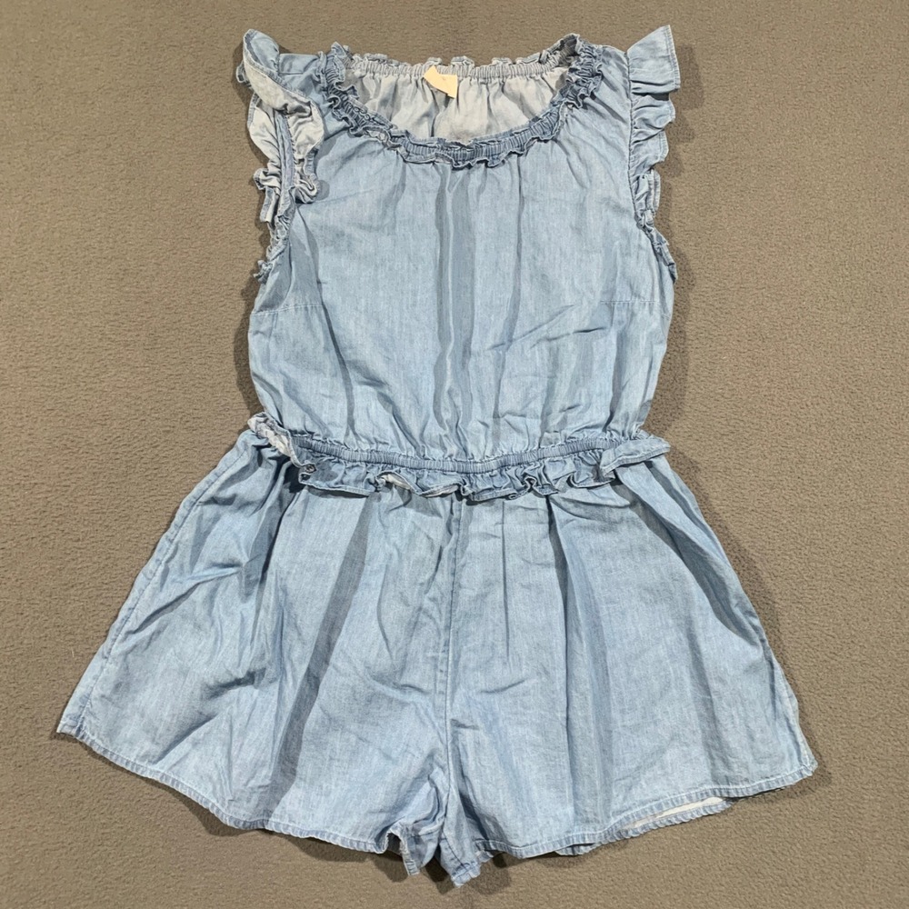 Crewcuts Romper Girls 14 Light Wash Blue Chambray Ruffle Sleeve Casual Boho